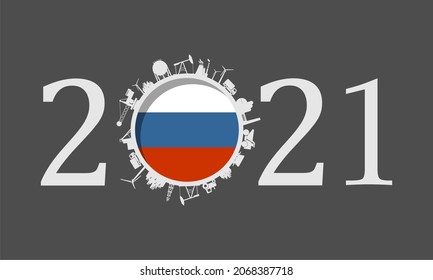 2021 year number with industrial icons around zero digit