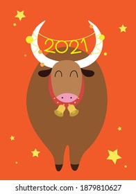 2021 year of the ox card, ox or bull on a red background wearing decorations on its horns