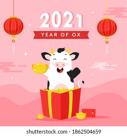 2021 Year Of Ox Celebration Poster Design With Cartoon Ox Character, Ingots Box And Hanging Lantern On Pink Background.