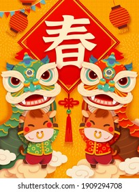 2021 Year of Ox celebration poster, designed with cute cows performing Chinese lion and dragon dance. Text: Spring.