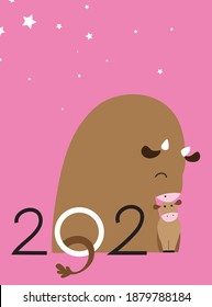 2021 Year of the ox chinese new year vector card, cow and baby calf together, mother and child