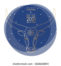 2021 Year of the Ox, cow, Bull. Modern graphic minimal ox head silhouette at night sky. Abstract illustration, new year banner, post stamp, sign, greeting card. Eastern Chinese calendar vector poster