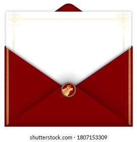 2021 year of the ox, greeting card in red envelope for Chinese new year. Free space for text. Copy space. Realistic vector on white background
