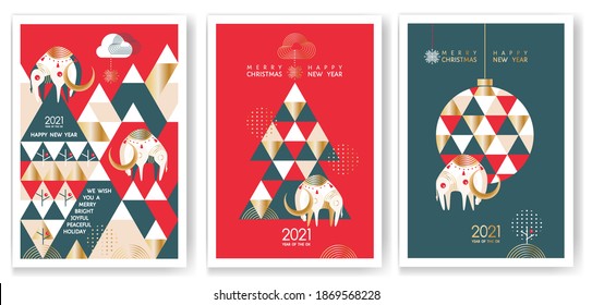 2021 Year of the Ox, Merry Christmas and Happy New Year Set of greeting vector posters, holiday covers. Modern Xmas design, triangle firs pattern, grey, red, gold, white colors, Bull, mountains, ball
