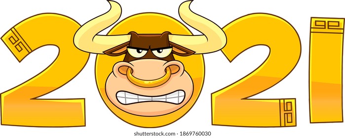 2021 Year Of The Ox Numbers With Bull Face Cartoon Character. Vector Illustration Isolated On Transparent Background
