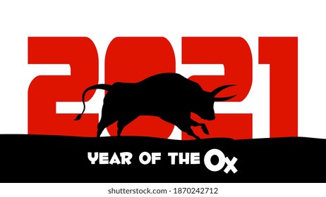 2021 Year Of The Ox Numbers With Bull Black Silhouette. Vector Illustration Isolated On Transparent Background