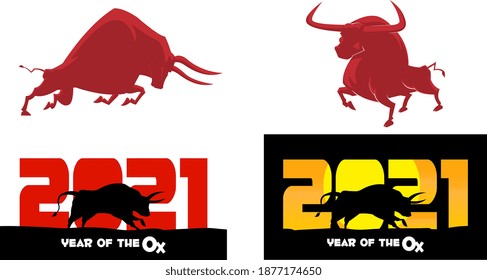 2021 Year Of The Ox Numbers With Bull Black Silhouette. Vector Collection Set Isolated On White Background