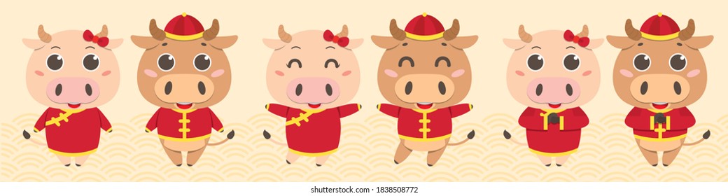 2021 Year of Ox. Set of Cute cartoon Ox / Cow with different pose. Chinese New Year Ox mascot in flat vector illustration.