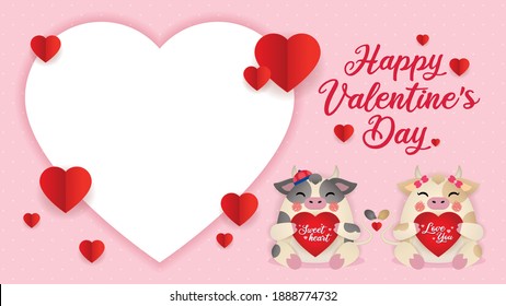 2021 year of the Ox Valentine's Day greeting template or copy space. Cute cartoon cow couple holding red heart on pink background. 14 february chinese new year illustration. Sweetheart, love you!