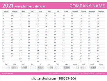 2021 Year Planner Calendar. Desk Calender Template. Vector. Annual Organizer. Week Starts Sunday. Schedule Page. Agenda Diary With 12 Months In English. Business Illustration In Simple Design.