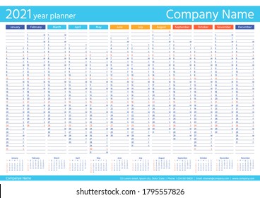 2021 year planner calendar. Vector. Wall calender template. Week starts Sunday. Annual organizer. Schedule page. Agenda diary with 12 months. Business illustration. A4 Paper Size. Simple design.