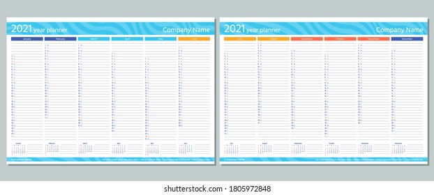 2021 year planner calendar. Vector. Week starts Sunday. Wall calender template. Annual organizer. Schedule page. Agenda diary with 12 months. A4 Paper Size. Simple design. Business illustration.