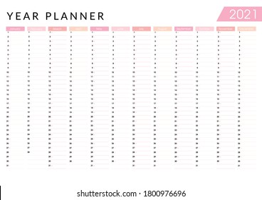 2021 Year planner. Pink wall calendar design template. Horizontal annual worldwide printable wall planner, diary - with dates, days of the month and space for personal notes. - Vector