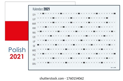2021 year planner. Yearly, 12 months wall organizer on one page. Calendar ready for print. Simple template for company, family. Vector illustration. Standard horizontal format in Polish. B&W colors.