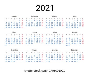 2021 year Portuguese calendar in Portuguese language. Classical, minimalistic, simple design. White background. Vector Illustration. Week starts from Monday.