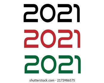 2021 year. Year set for comemoration in black, red and green. Vetor with background white.