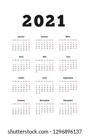 2021 year simple calendar on french language, A4 size vertical sheet on white