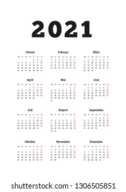 2021 year simple calendar on german language, A4 size vertical sheet on white