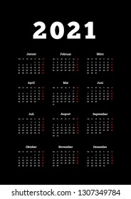 2021 year simple calendar on german language, A4 size vertical sheet on black