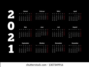 2021 year simple calendar on german language on black