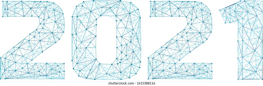 Banner 3d web digital triangular de 2021 con números futuristas aislados en fondo blanco. Vector abstracto de alambre poligonal formado por puntos, puntos y líneas con textura de cielo estrellado espacial