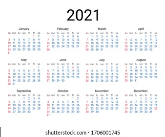 2021 year US calendar. Classical, minimalistic, simple design. White background. Vector Illustration. Week starts from Sunday.