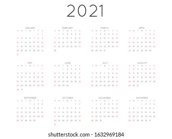 2021 Year Vector Calendar Minimal Style. Week starts on Sunday. Calendar layout template. Stationery  organizer reminder planner on 2021 year horizontal orientation. Vector Illustration