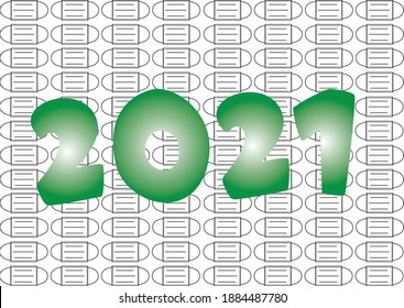 2021 year vector decorated with shapes of face mask on background protecting from COVID-19 infection