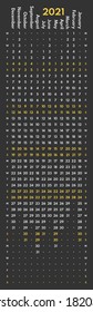 2021 año calendario de arte de pared vertical, comienza lunes, dos fines de semana, fondo oscuro