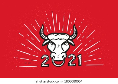 2021 Year of White Ox Chinese Zodiac Sign. Chinese New Year Holiday Retro Poster. Bull with Nose Ring and Sunbeams Vector Vintage Greeting Red Card