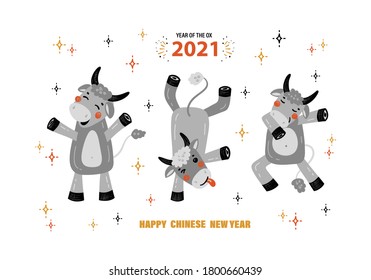 2021 Year of White Ox Zodiac Sign. Vector Cartoon Cute Ox Characters. Happy Chinese New Year Holiday Poster. Greeting Card with Funny Doodle Bulls