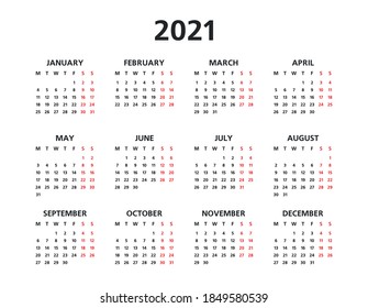 2021 yearly calendar. 12 months yearly calendar set in 2021. Calendar template
