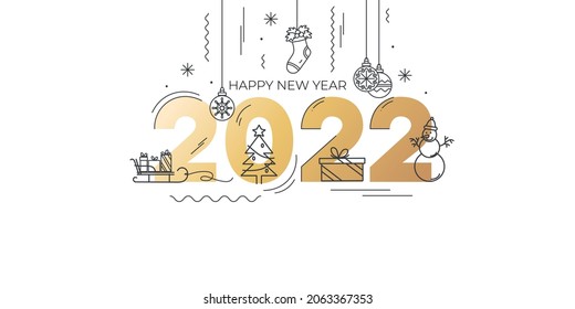 20212 Happy New Year greeting card with golden text and linear icons. Trendy Christmas and New Year design for party invitation, greeting card, poster, banner etc. Vector illustration