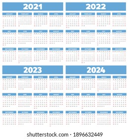 2021-2024 Simple vector calendar templates. Weeks start on Sunday