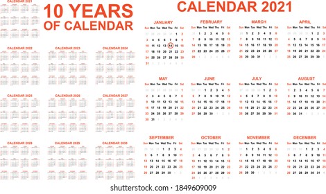 2021-2030 ten years of calendar simple red