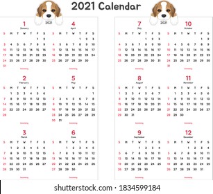 2021calendar beagle dog illustration. Isolated on white background