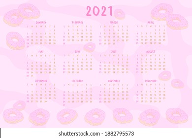 2021calendar hand drawn cute cartoon style pink donuts. Wall annual calendar design concept with handdrawn font type and elements.