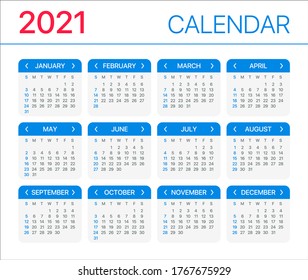 2021Calendar - vector template gtaphic illustration - Sunday to Sunday