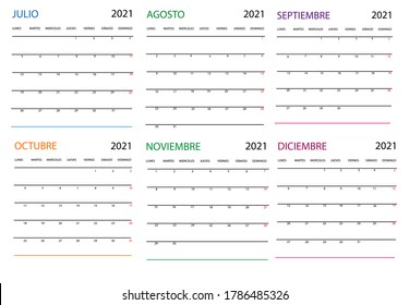 2021Kalender.Kalender in spanischer Sprache.Design mit leeren Zellen für die Organisation.Die Woche beginnt am Montag.Übersetzung: Julio-July, Agosto-August, Septiembre-September, Oktober-Oktober, Noviembre-November...