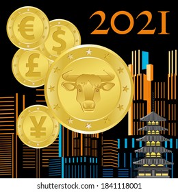2021-card for the Chinese Year of the Ox with foreign coins and one with a bull's head all on a black background encrusted with a building - translation: happy new year, ox,