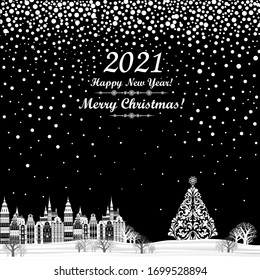 2021Happy New Year greeting card. Christmas tree. Celebration black background with Christmas Landscape, Christmas tree, winter town, snow and place for your text. Vector Illustration