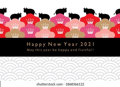 2021New year card.Cow silhouette, plum blossom and wave.Wave pattern is Japanese traditional pattern.2021 zodiac animal is the cow.