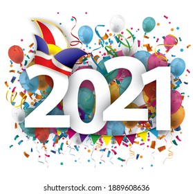 2021with colored confetti and jesters cap on the white background. Eps 10 vector file.