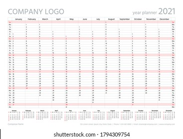 2021year planner calendar. Vector.  Wall calendar template. Annual organizer. Week starts Sunday. Schedule page in English. Business illustration in minimal design. Agenda diary with 12 months