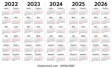 2022 2023 2024 2025 2026 Portuguese Monthly Calendar Grid, Vector Template