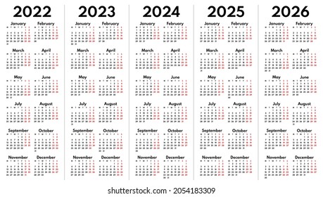 2022 2023 2024 2025 2026 full years english language calendar grids, vertical layout