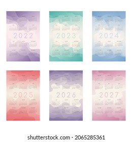 2022 2023 2024 2025 2026 2027 calendar set with trendy gradient abstract shapes