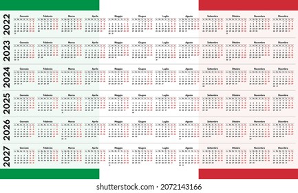 2022 2023 2024 2025 2026 2027 Full Years Italian Language Calendar Grids, Each Year In Row