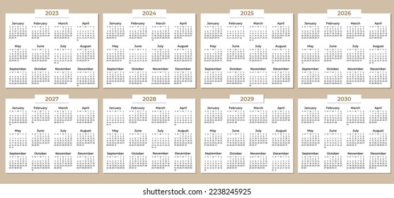 2022 2023 2024 2025 2026 2027 2028 2029 2030 calendar template. Monthly calendar for business notebook. Week starts on Sunday. svg