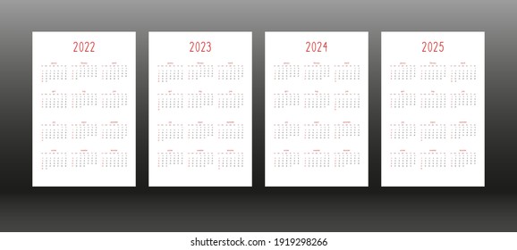 2022 2023 2024 2025 calendar for personal planner diary notebook, cute minimalists style. individual schedule calendar for notebooks. Week starts on sunday